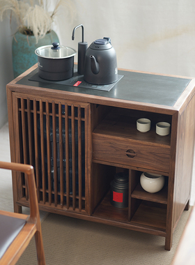 新中式储物茶水柜黑胡桃实木多格收纳一体烧水茶台茶桌边柜