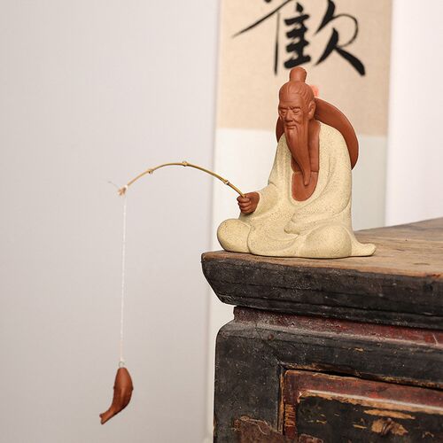 微景观摆件大号姜太公钓鱼渔翁老头陶瓷人物假山盆景造景鱼缸装饰 - 图0
