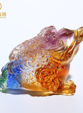 古法琉璃水晶招财金蟾小车载中控台装饰工艺品汽车工作台摆件高档