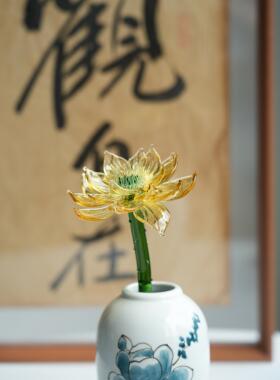淄博琉璃彷真金色荷花中式装饰摆件禅意莲花治愈书房茶台插花摆设