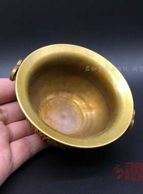 实心黄铜聚宝盆摆件铜小香炉仿古铜盆聚宝盆双耳铜如意