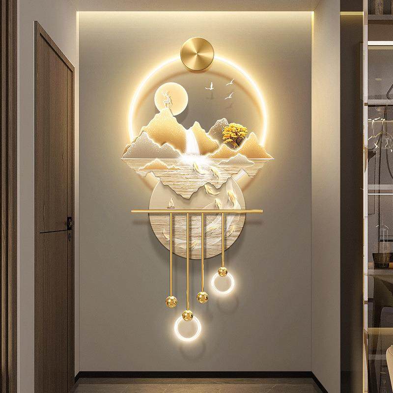 轻奢流水生财玄关装饰画九鱼图入户发光壁饰山水走廊过道带灯挂画,淘宝优惠券,粉丝福利购,淘宝优惠卷