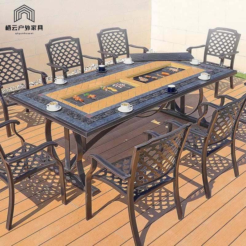 庭院别墅户外铸铝烧烤桌椅阳台韩式电烤桌家用碳烤炉一桌两用桌椅,淘宝优惠券,粉丝福利购,淘宝优惠卷