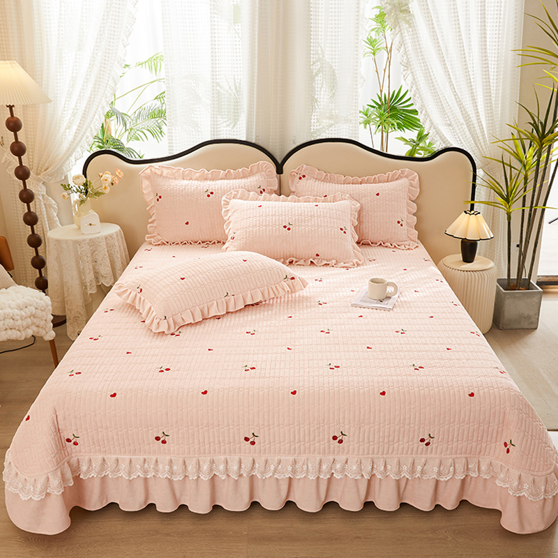 高端刺绣床盖三件柔软亲肤加绒加厚珊瑚绒公主风床单单件 - 图0