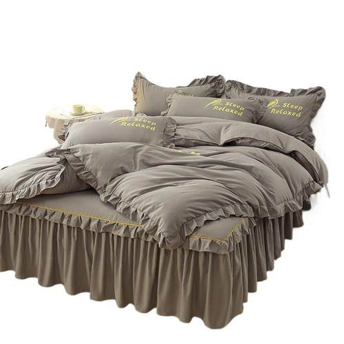 韩版四件套公HSG主风亲肤棉床裙夏花花边被套边罩纯季色床床上用 - 图3