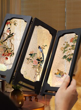 茶室桌面屏风摆件创意边柜高级感摆画喜上眉梢茶台复古折叠小屏风