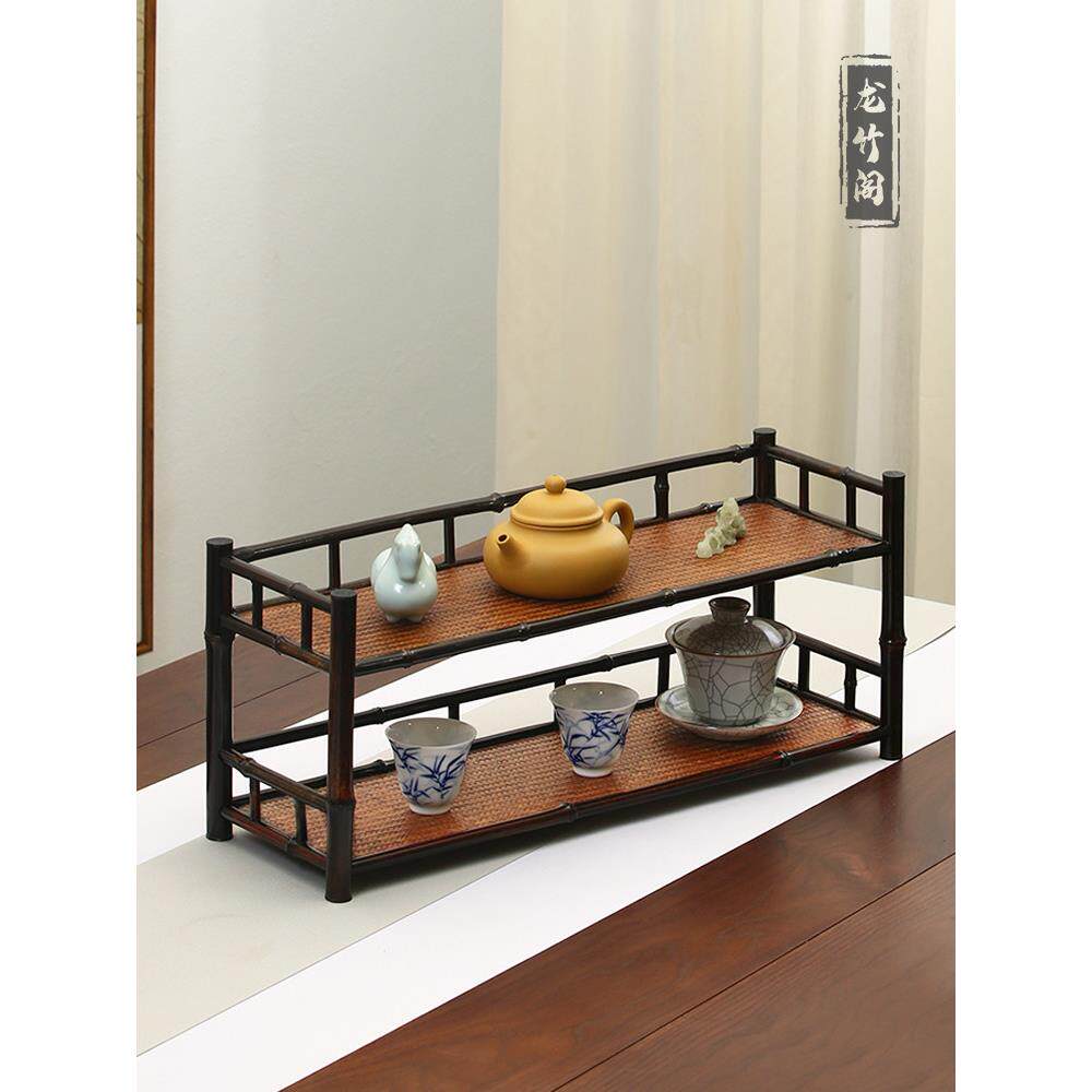Purple bamboo double-layer tea cup rack bamboo tea set rack cup drying rack tea cup holder household tea set teapot storage display rack