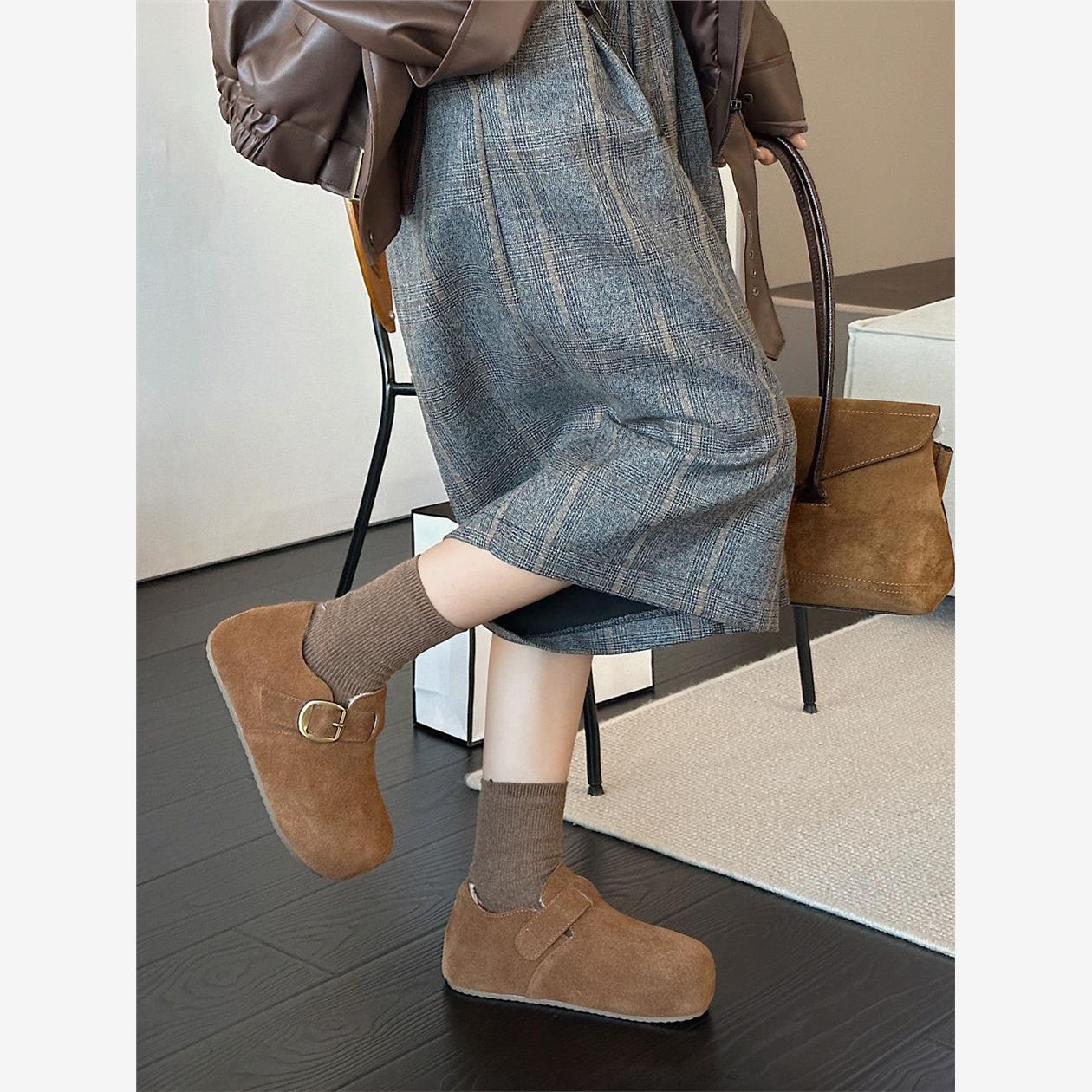 磨砂真牛皮!大头勃肯鞋女冬新款加绒保暖5CM厚底内增复古懒人棉鞋 - 图3