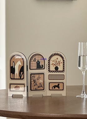 中古风小屏风桌面摆件复古木质客