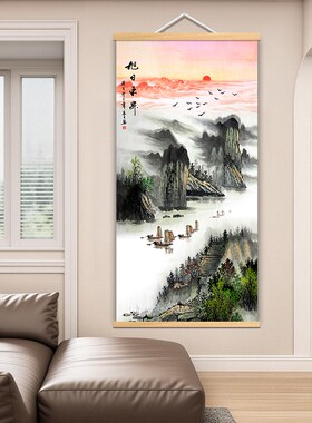 中式风景山水画挂饰 玄关过道装饰风景画 瀑布旭日东升家居挂画