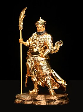 黄铜贴金关公坐像绿袍关二爷神像关羽副将关平周仓护法像关圣帝君