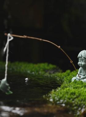 姜太公钓鱼摆件微景观陶瓷钓鱼渔翁人物鱼缸水族箱流水器造景装饰