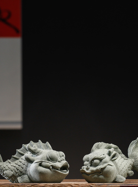 中式创意鱼化龙一对茶宠摆件青砂石精品鱼缸造景桌面书房乔迁礼品