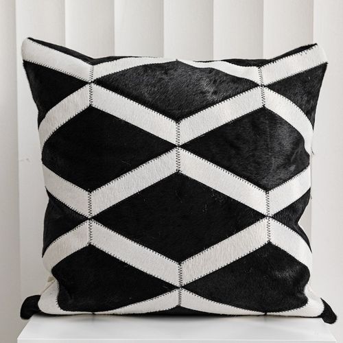 现代简约高级黑白色牛皮羊毛拼接抱枕客厅沙发样板间卧室民宿靠枕 - 图3