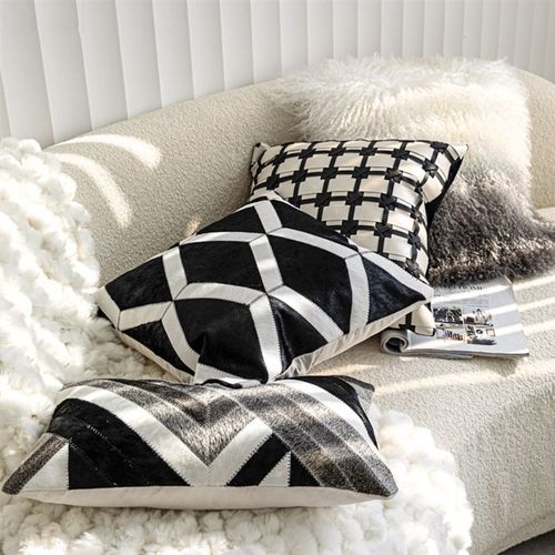 现代简约高级黑白色牛皮羊毛拼接抱枕客厅沙发样板间卧室民宿靠枕 - 图1