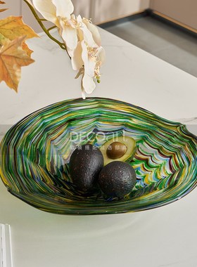 邸高家居售楼处样板间现代餐厅台花瓶琉璃宝石绿细纹果盘装饰摆件