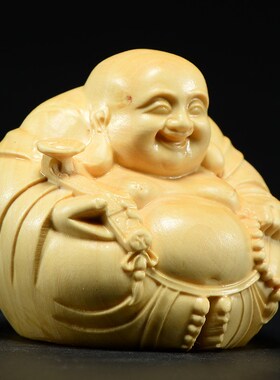 小叶黄杨木雕一团和气摆件实木头雕刻大肚笑佛弥勒手把件红木礼品