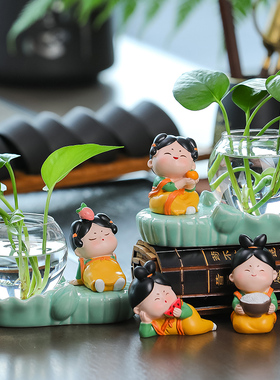 唐仕女客厅装饰桌面小摆件绿萝水培器皿花瓶插花创意水养植物花器