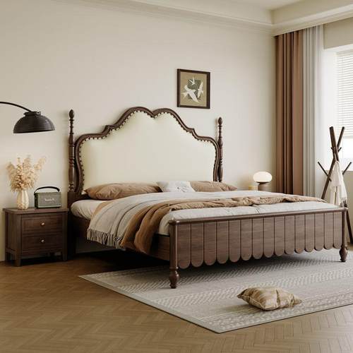 205UBS新款美式1.米实木现2代简约软靠包中古风主卧室1.8米双人床 - 图0