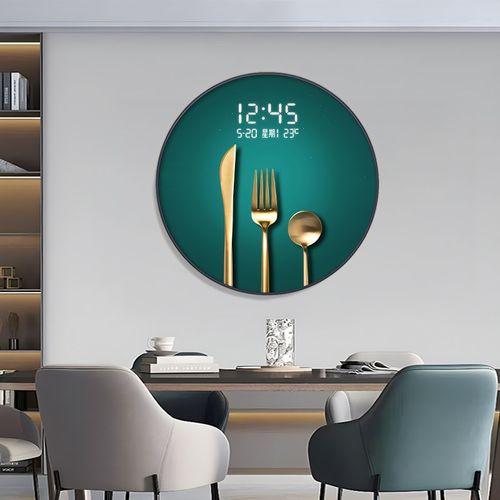 酒杯餐厅装饰画电子屏钟表饭厅餐桌背景墙挂画创意圆形时钟壁灯画 - 图0