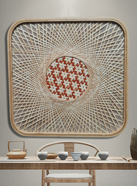原木风竹编实物装饰画卧室茶楼墙壁画玄关圆形饭厅挂画纯手工画框