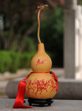 带龙头中号天然葫芦雕刻烫画连年有余八马图招财纳福工艺礼品摆件