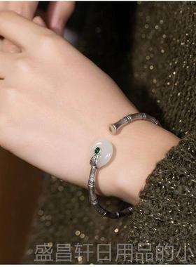 高档竹节玉妈平安扣镀银手镯活扣复古简约百饰搭泰银白工艺送妈银