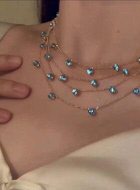 小红书同款多层叠戴蓝色水晶项链