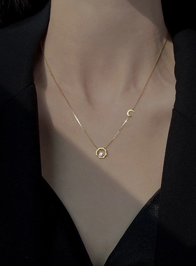 真金电镀锆石日月同辉项链女轻奢