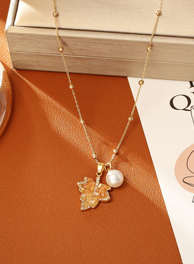 爆款渐变枫叶珍珠项链复古