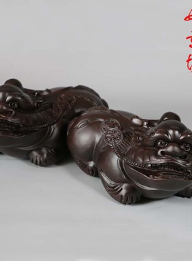 红木皮丘黑檀木质招财貔貅摆件大号一对客厅木雕浮雕超大号40公分