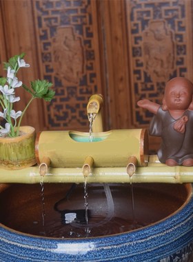 竹子流水器鱼池造景招财摆件陶瓷竹筒流水石槽鱼缸水池加湿过滤器