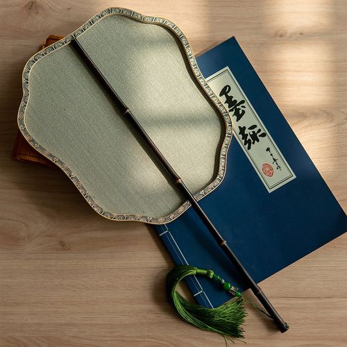 苏绣缂丝素锦面团扇女子古风宫扇女湘竹长柄双面扇子汉服摄影道具 - 图1