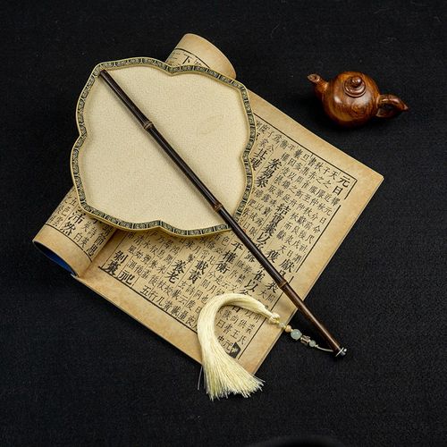 苏绣缂丝素锦面团扇女子古风宫扇女湘竹长柄双面扇子汉服摄影道具 - 图2