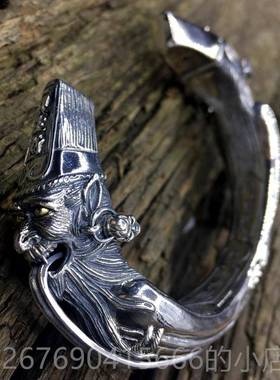 高档男手款气黑白无常开口霸镯925S纯银七爷一见生财八爷天下太平