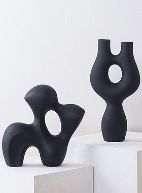 侘寂风陶瓷花瓶艺术民宿样板房摆件仿古双耳陶罐展厅售楼处装饰品