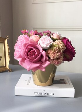 花盟玫瑰牡丹仿真花艺组合套装假花绢花灰色陶瓷花瓶样板房摆件