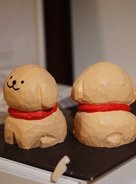 线条小狗手工木雕小摆件卡通可爱手绘办公室工位电脑桌面装饰品