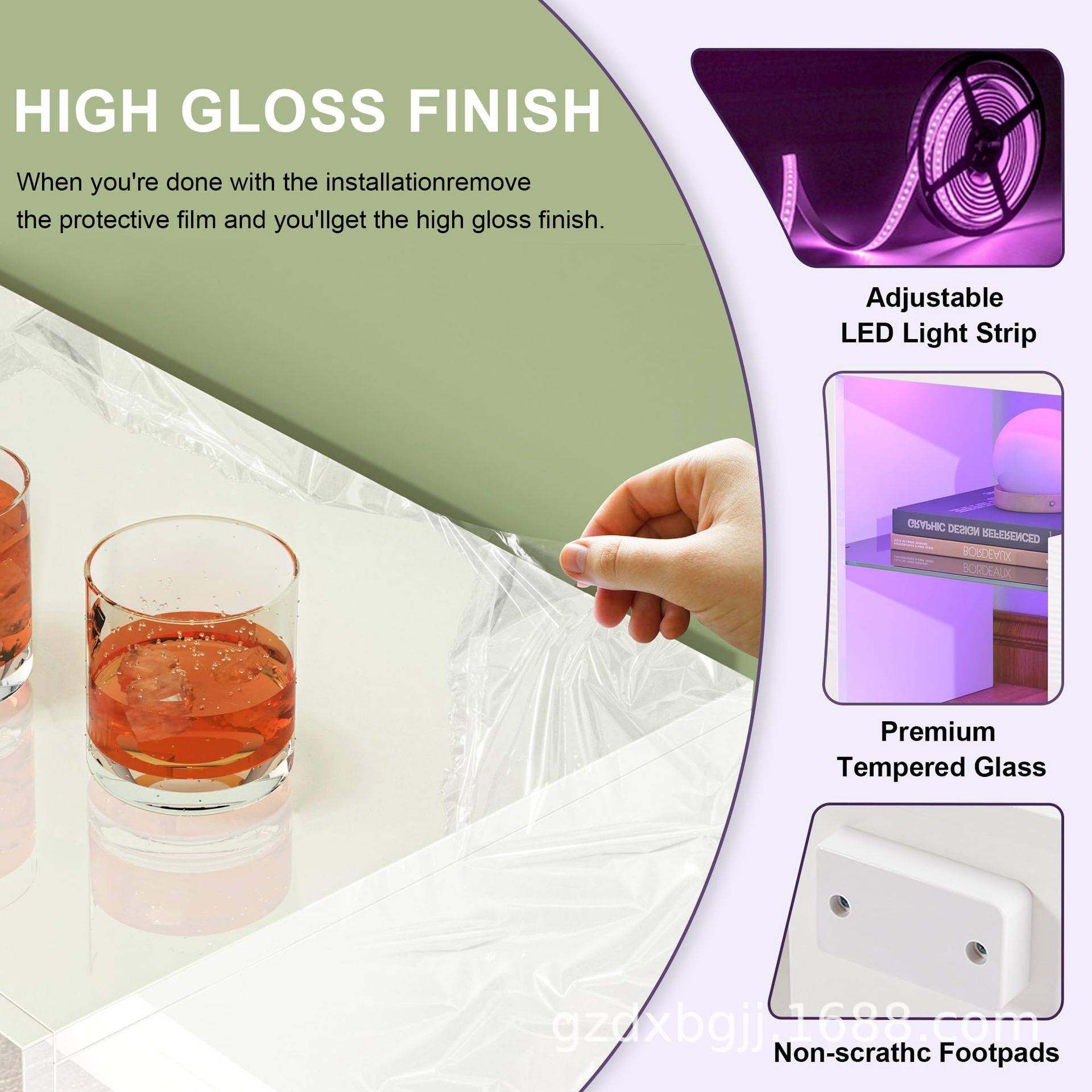 白色 LED 电视支架，带大储物抽屉电视柜，亮光电视控制台桌,淘宝优惠券,粉丝福利购,淘宝优惠卷