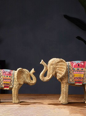 东南亚创意藤编纹大象电视柜摆件客厅酒柜玄关树脂装饰工艺品摆饰