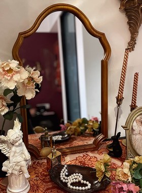 画玩美法式复古实木化妆镜家用卧室桌面梳妆台镜卫生间镜子壁挂