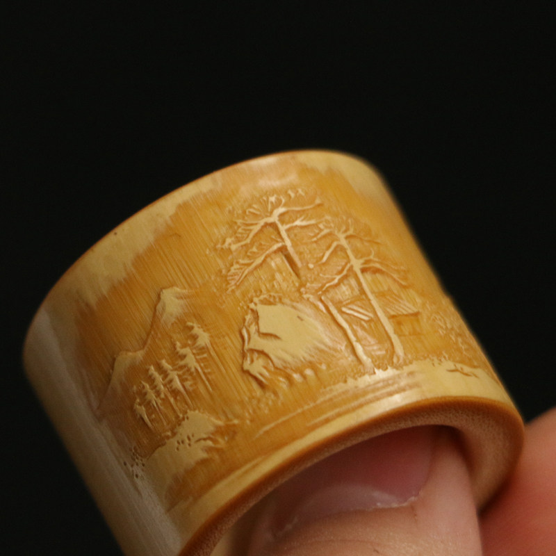 Boutique famous artist Wang Lei's pure handcrafted low-relief landscape and scenery old jade bamboo ring with finger handle and bamboo carving ring
