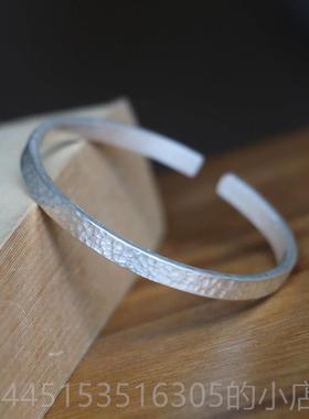 正品999纯银工原创光板手环细厚实手镯手案可制定图刻字