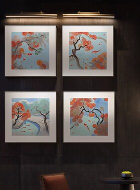 寓意好饭厅的装饰画餐厅画柿事如意新款中式壁画方形锦鲤玄关挂画