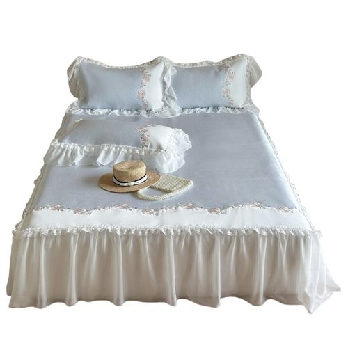 法式小清新加厚植物花卉刺绣公主风蕾丝床裙款冰丝席三件套软席子 - 图3