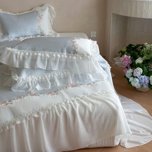 法式小清新加厚植物花卉刺绣公主风蕾丝床裙款冰丝席三件套软席子 - 图2