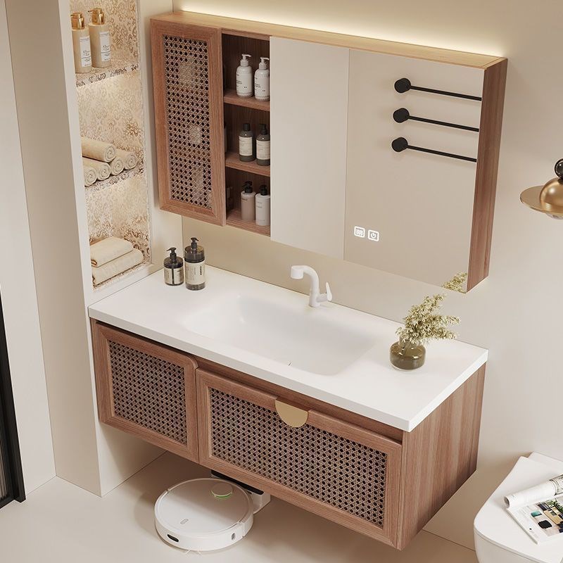 法式中古风藤编浴室柜红橡木组合卫生间陶瓷一体盆洗手洗脸洗漱台 - 图1