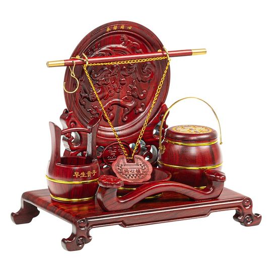 Redwood Descendants Bucket Solid Wood Wedding Ornaments Wedding Supplies Dowry Three-piece Set Large Red Rosewood Descendants Treasure Bucket