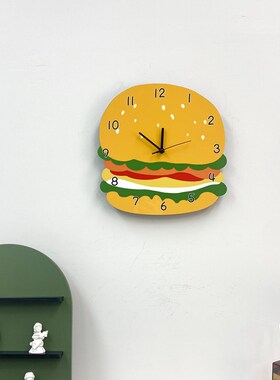 创意卡通汉堡趣味挂钟快餐店炸鸡店挂墙时钟家用走时静音装饰钟表