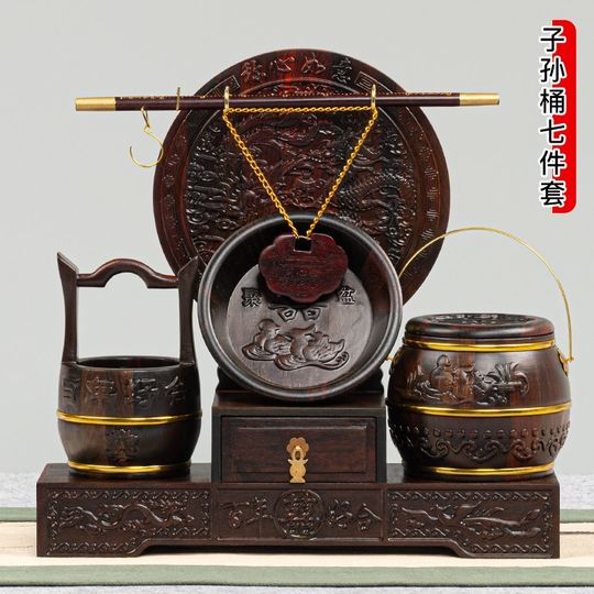 Redwood Descendants Bucket Solid Wood Wedding Ornaments Wedding Supplies Dowry Three-piece Set Large Red Rosewood Descendants Treasure Bucket